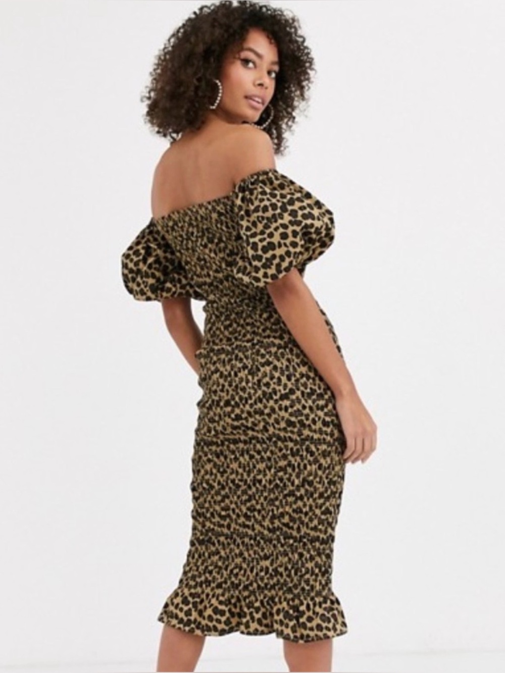 Never Fully Dressed Jojo Midi Dress Leopard Print Smocked Puff Sleeves Animal